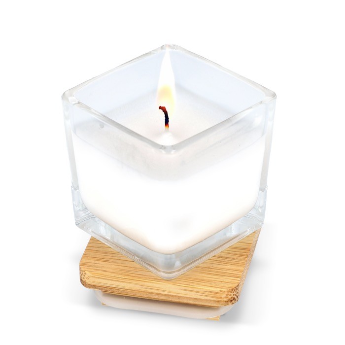 Vela de cera vegetal en tarro de cristal con tapa de bambú color blanco segunda vista Vela de cera vegetal en tarro de cristal con tapa de bambú color blanco segunda vista