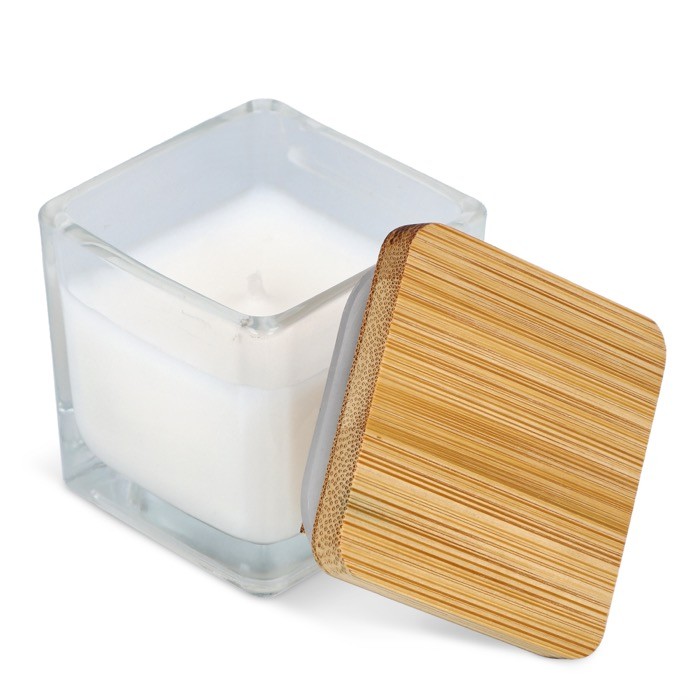 Vela de cera vegetal en tarro de cristal con tapa de bambú color blanco tercera vista Vela de cera vegetal en tarro de cristal con tapa de bambú color blanco tercera vista