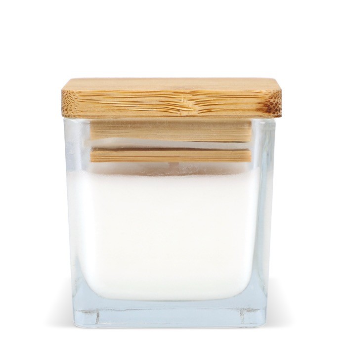 Vela de cera vegetal en tarro de cristal con tapa de bambú color blanco cuarta vista Vela de cera vegetal en tarro de cristal con tapa de bambú color blanco cuarta vista