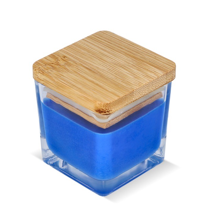 Vela de cera vegetal en tarro de cristal con tapa de bambú color azul Vela de cera vegetal en tarro de cristal con tapa de bambú color azul