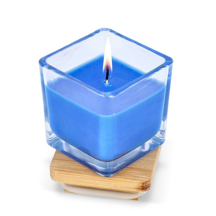Vela de cera vegetal en tarro de cristal con tapa de bambú color azul segunda vista Vela de cera vegetal en tarro de cristal con tapa de bambú color azul segunda vista