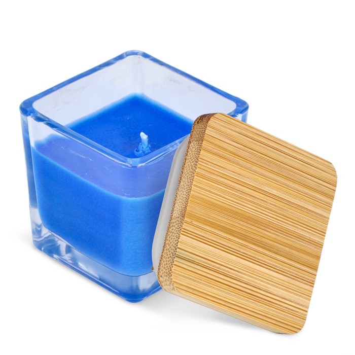 Vela de cera vegetal en tarro de cristal con tapa de bambú color azul tercera vista Vela de cera vegetal en tarro de cristal con tapa de bambú color azul tercera vista