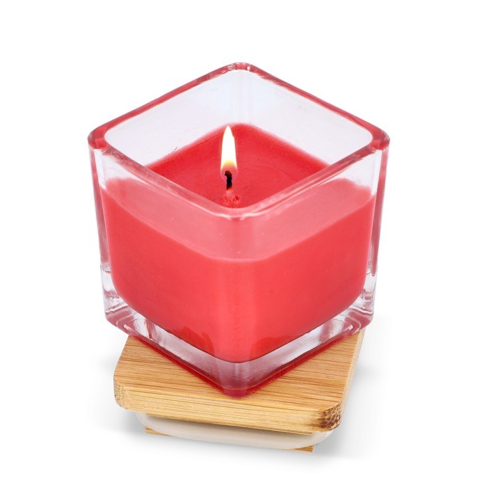 Vela de cera vegetal en tarro de cristal con tapa de bambú color rojo segunda vista Vela de cera vegetal en tarro de cristal con tapa de bambú color rojo segunda vista