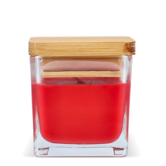 Vela de cera vegetal en tarro de cristal con tapa de bambú color rojo cuarta vista Vela de cera vegetal en tarro de cristal con tapa de bambú color rojo cuarta vista