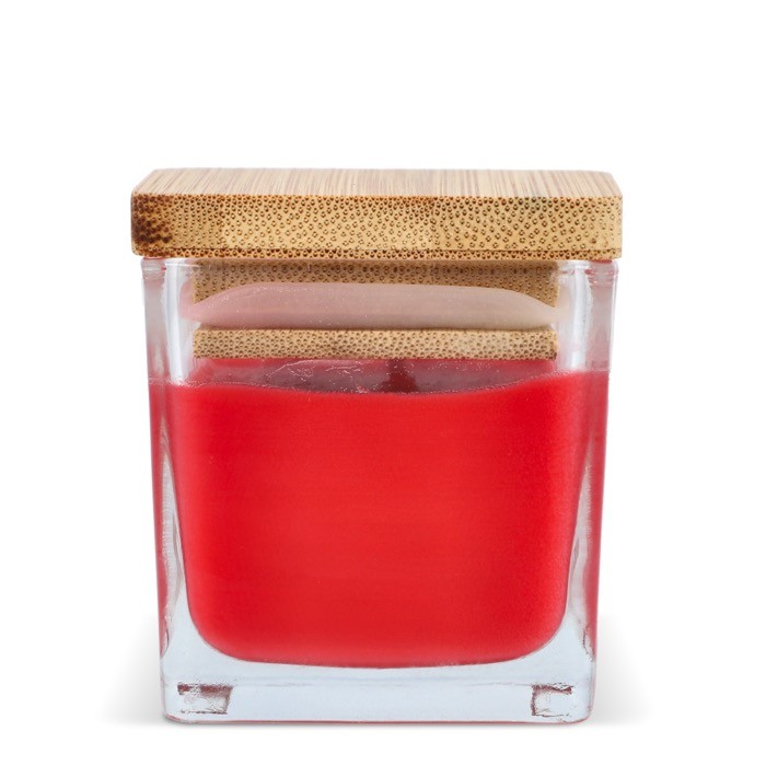 Vela de cera vegetal en tarro de cristal con tapa de bambú color rojo quinta vista Vela de cera vegetal en tarro de cristal con tapa de bambú color rojo quinta vista