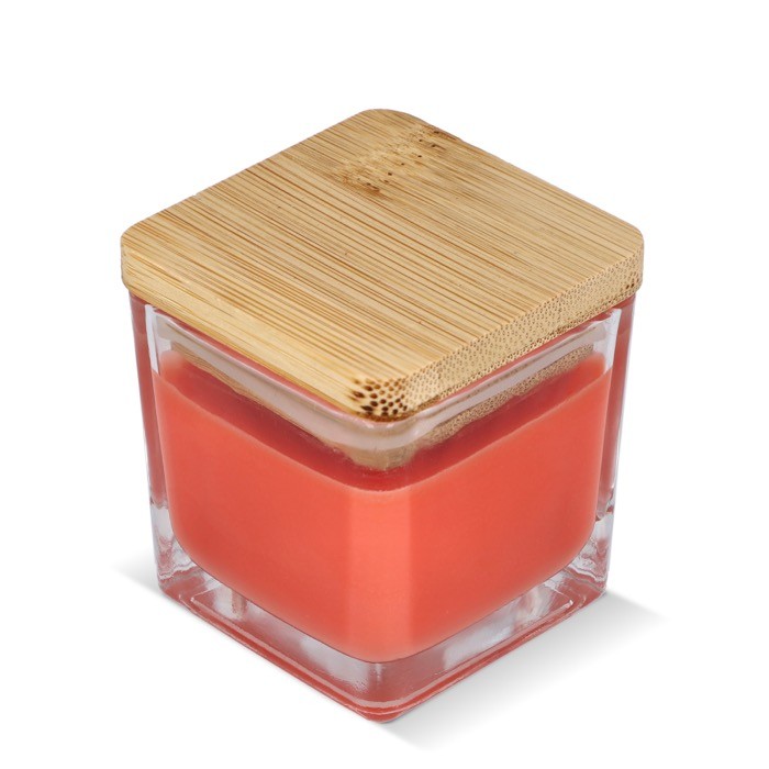 Vela de cera vegetal en tarro de cristal con tapa de bambú color naranja Vela de cera vegetal en tarro de cristal con tapa de bambú color naranja