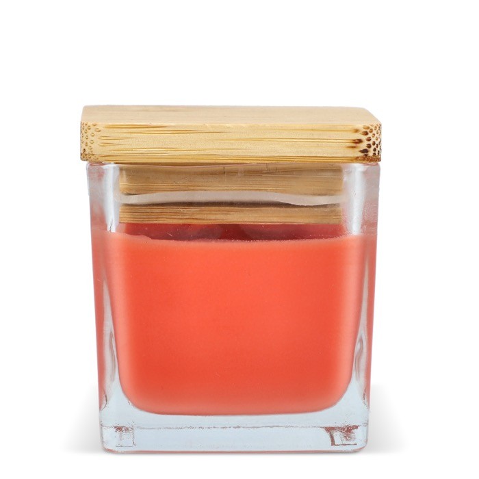 Vela de cera vegetal en tarro de cristal con tapa de bambú color naranja cuarta vista Vela de cera vegetal en tarro de cristal con tapa de bambú color naranja cuarta vista