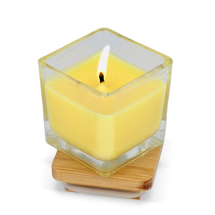 Vela de cera vegetal en tarro de cristal con tapa de bambú color amarillo segunda vista Vela de cera vegetal en tarro de cristal con tapa de bambú color amarillo segunda vista