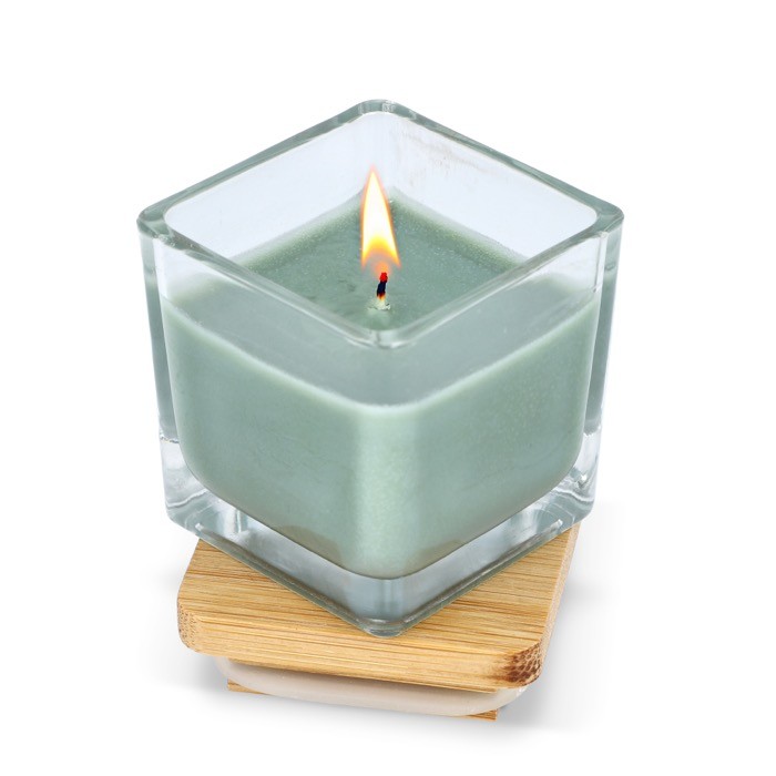 Vela de cera vegetal en tarro de cristal con tapa de bambú color verde oliva segunda vista Vela de cera vegetal en tarro de cristal con tapa de bambú color verde oliva segunda vista