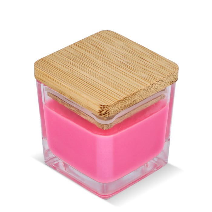 Vela de cera vegetal en tarro de cristal con tapa de bambú color rosa Vela de cera vegetal en tarro de cristal con tapa de bambú color rosa