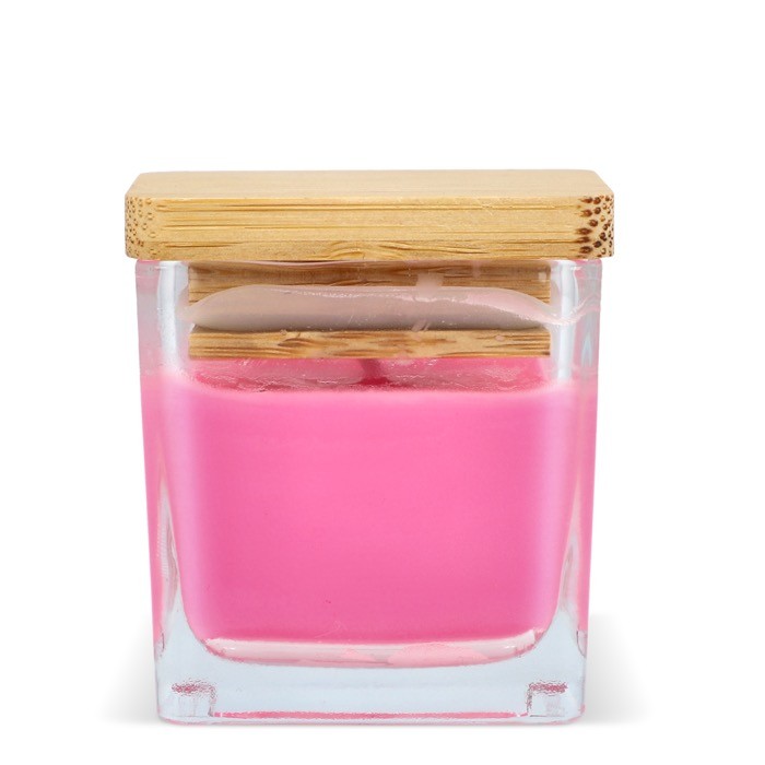 Vela de cera vegetal en tarro de cristal con tapa de bambú color rosa cuarta vista Vela de cera vegetal en tarro de cristal con tapa de bambú color rosa cuarta vista