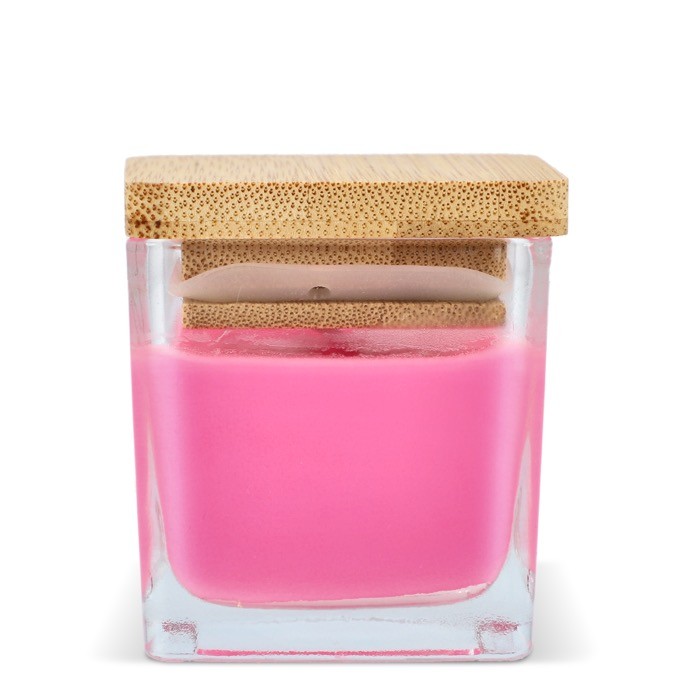 Vela de cera vegetal en tarro de cristal con tapa de bambú color rosa quinta vista Vela de cera vegetal en tarro de cristal con tapa de bambú color rosa quinta vista