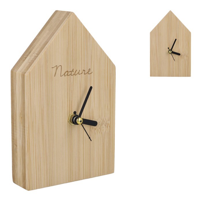 Reloj de sobremesa hecho de bambú en forma de casa para personalizar Reloj de sobremesa hecho de bambú en forma de casa para personalizar
