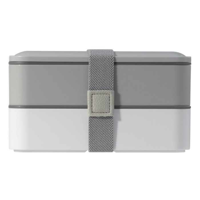 Fiambrera estilo Bento de doble piso con múltiples compartimientos color blanco/gris cuarta vista