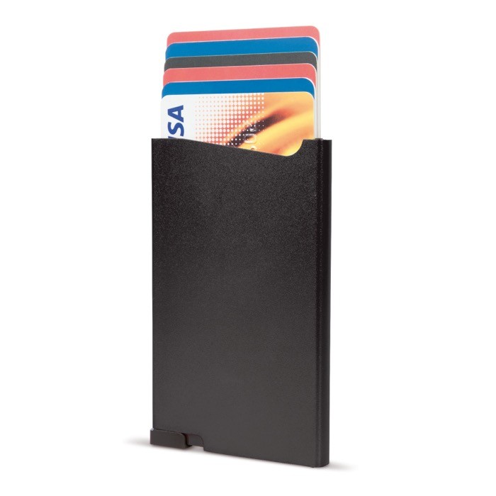 Porta tarjetas de aluminio con botón y almacenaje de 6 tarjetas color negro segunda vista