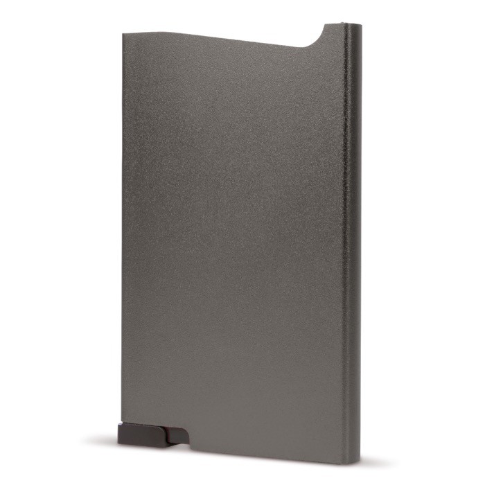 Porta tarjetas de aluminio con botón y almacenaje de 6 tarjetas color titanio