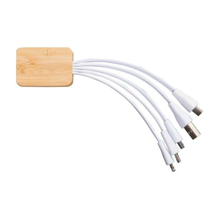 Cuadrado de bambú personalizable con 6 distintos cables de carga color blanco segunda vista Cuadrado de bambú personalizable con 6 distintos cables de carga color blanco segunda vista