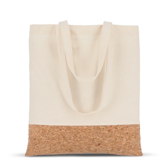 Bolsa de algodón con detalle de corcho en la base 170 g/m2 color natural cuarta vista Bolsa de algodón con detalle de corcho en la base 170 g/m2 color natural cuarta vista