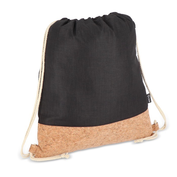 Mochila de cuerdas de RPET con base de corcho y capacidad de 10kg color negro Mochila de cuerdas de RPET con base de corcho y capacidad de 10kg color negro