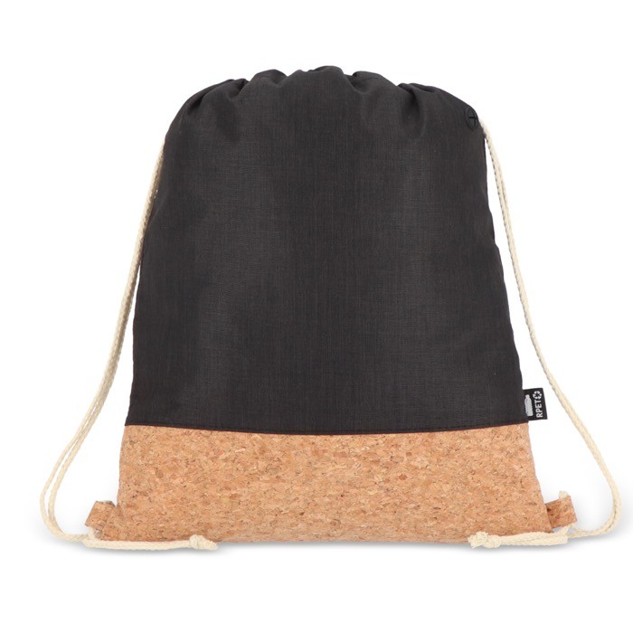 Mochila de cuerdas de RPET con base de corcho y capacidad de 10kg color negro segunda vista Mochila de cuerdas de RPET con base de corcho y capacidad de 10kg color negro segunda vista