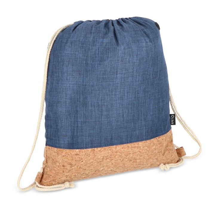 Mochila de cuerdas de RPET con base de corcho y capacidad de 10kg color azul oscuro Mochila de cuerdas de RPET con base de corcho y capacidad de 10kg color azul oscuro