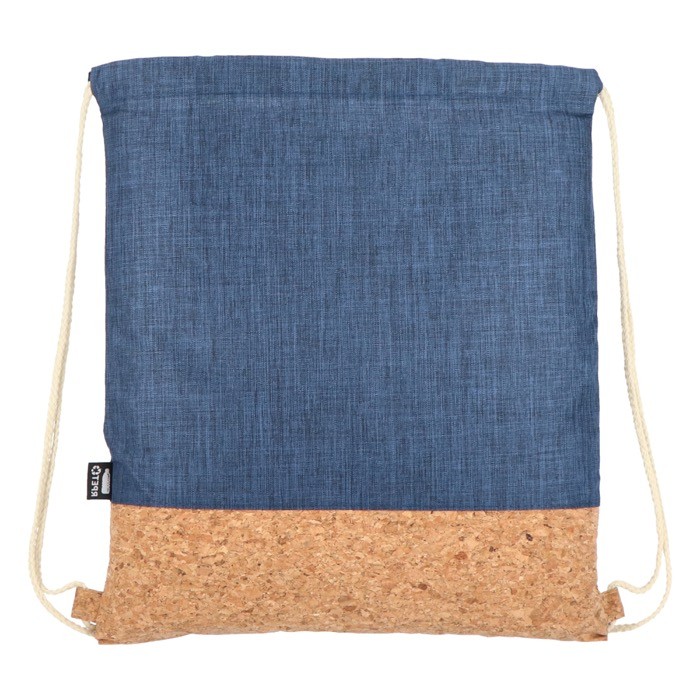 Mochila de cuerdas de RPET con base de corcho y capacidad de 10kg color azul oscuro cuarta vista Mochila de cuerdas de RPET con base de corcho y capacidad de 10kg color azul oscuro cuarta vista