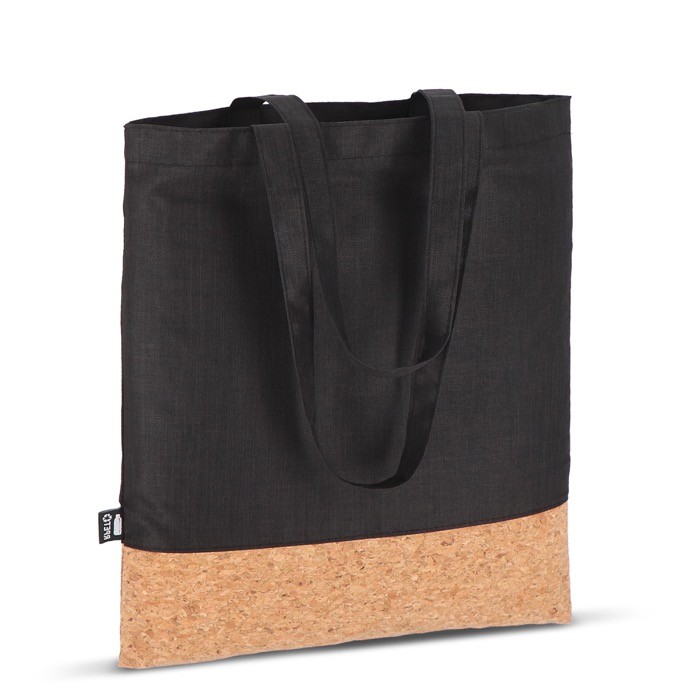 Bolsa de RPET con detalle en la base de corcho y capacidad de 10kg color negro cuarta vista Bolsa de RPET con detalle en la base de corcho y capacidad de 10kg color negro cuarta vista