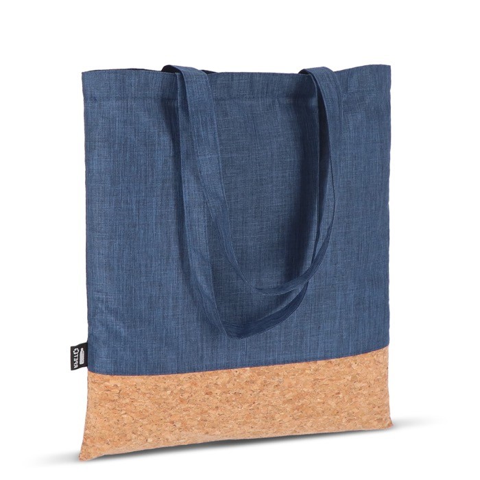 Bolsa de RPET con detalle en la base de corcho y capacidad de 10kg color azul oscuro cuarta vista Bolsa de RPET con detalle en la base de corcho y capacidad de 10kg color azul oscuro cuarta vista