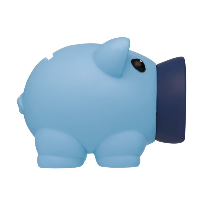 Alcancía hecha de material sintético en forma de cerdito color azul claro segunda vista