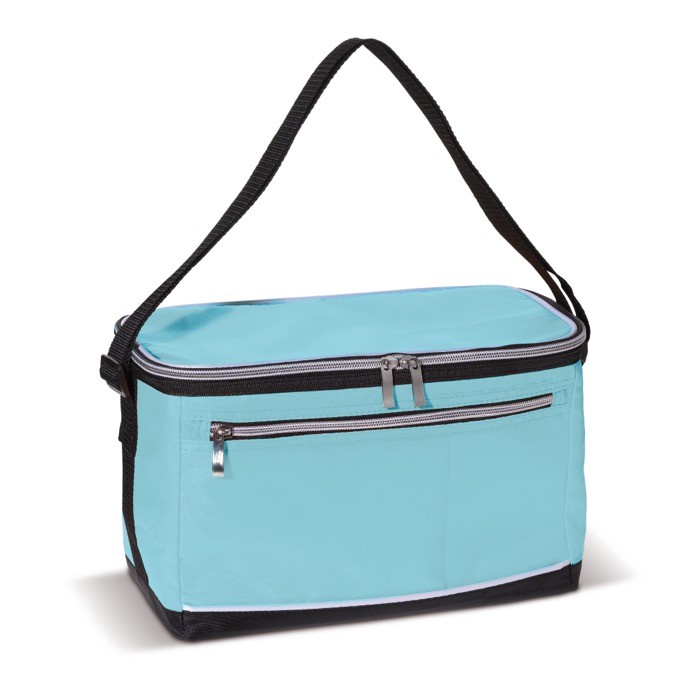 Nevera portátil de poliéster con asa negra y bolsillo frontal color azul claro