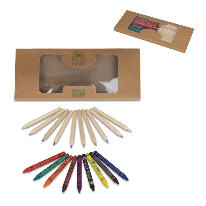 Caja de papel kraft con juegos de lápices de colores y ceras