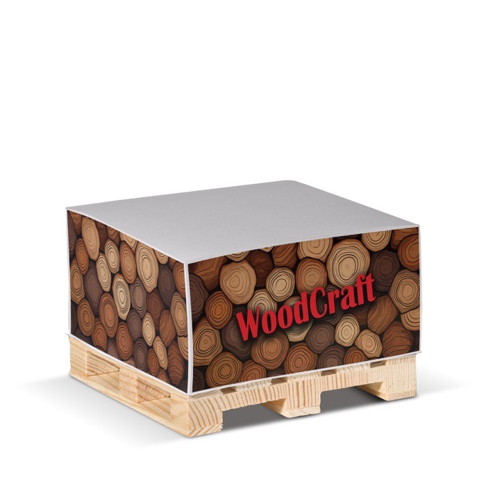 Cubo de notas de 420 hojas lisas FSC en palé de madera 10x10x5cm