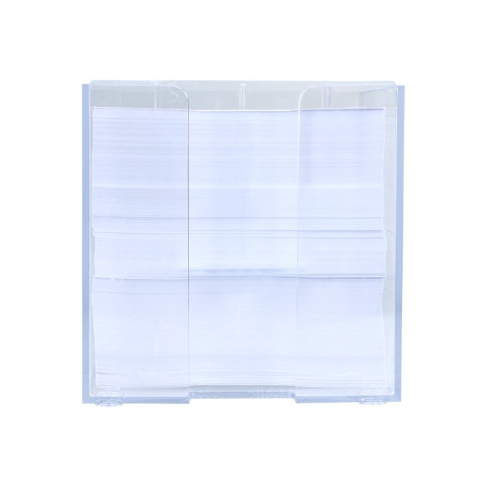 Cubo de notas de 800 hojas lisas FSC en caja con compartimientos color transparente tercera vista Cubo de notas de 800 hojas lisas FSC en caja con compartimientos color transparente tercera vista