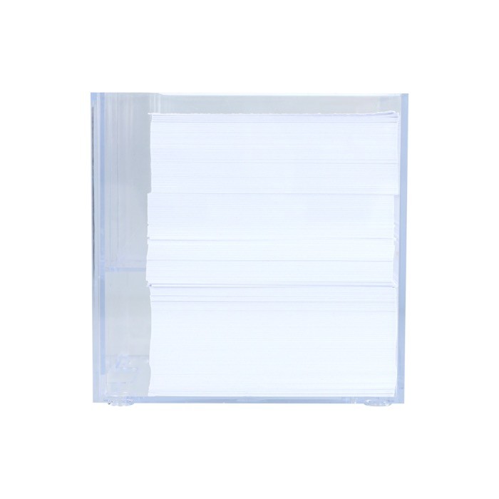 Cubo de notas de 800 hojas lisas FSC en caja con compartimientos color transparente cuarta vista Cubo de notas de 800 hojas lisas FSC en caja con compartimientos color transparente cuarta vista