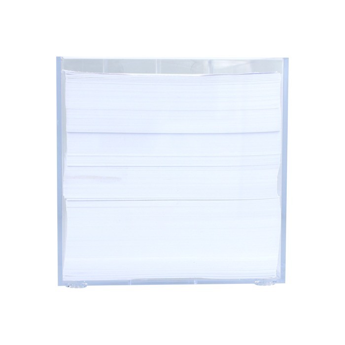 Cubo de notas de 800 hojas lisas FSC en caja con compartimientos color transparente quinta vista Cubo de notas de 800 hojas lisas FSC en caja con compartimientos color transparente quinta vista