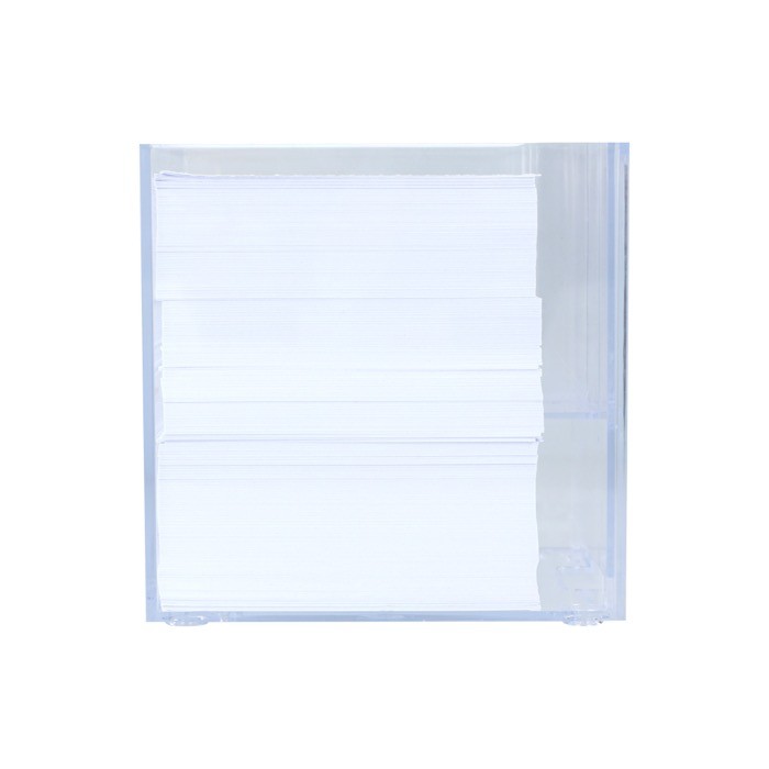 Cubo de notas de 800 hojas lisas FSC en caja con compartimientos color transparente sexta vista Cubo de notas de 800 hojas lisas FSC en caja con compartimientos color transparente sexta vista