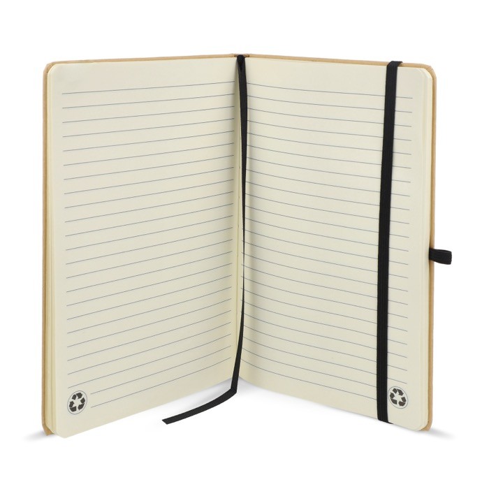 Cuaderno de cartón con detalles en color A5 páginas a rayas color negro cuarta vista