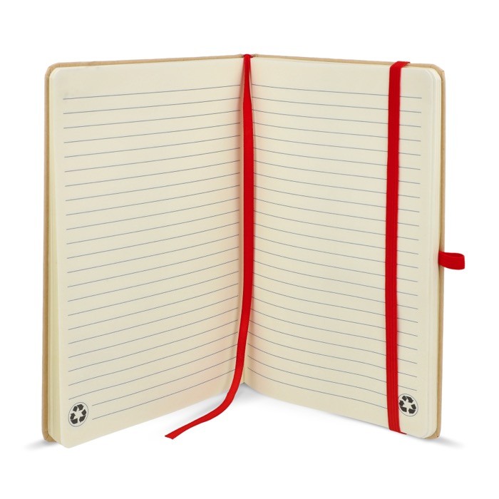 Cuaderno de cartón con detalles en color A5 páginas a rayas color rojo cuarta vista