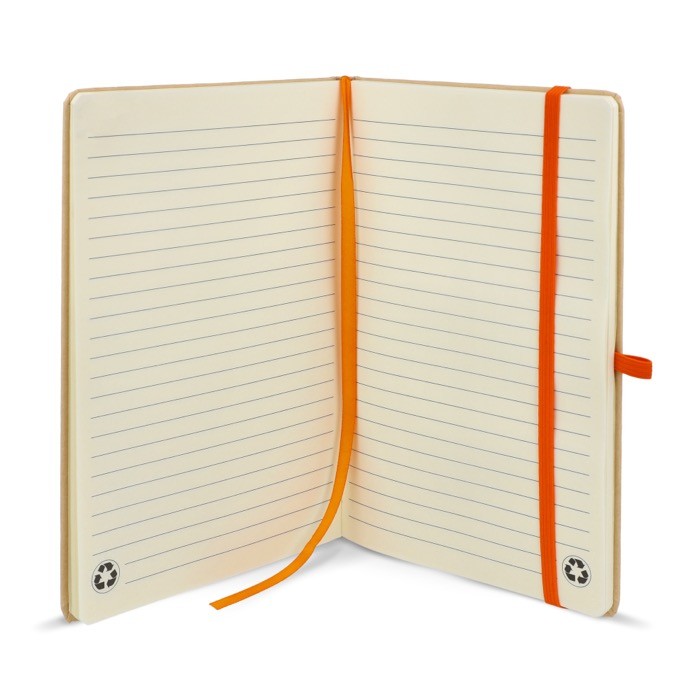 Cuaderno de cartón con detalles en color A5 páginas a rayas color naranja cuarta vista