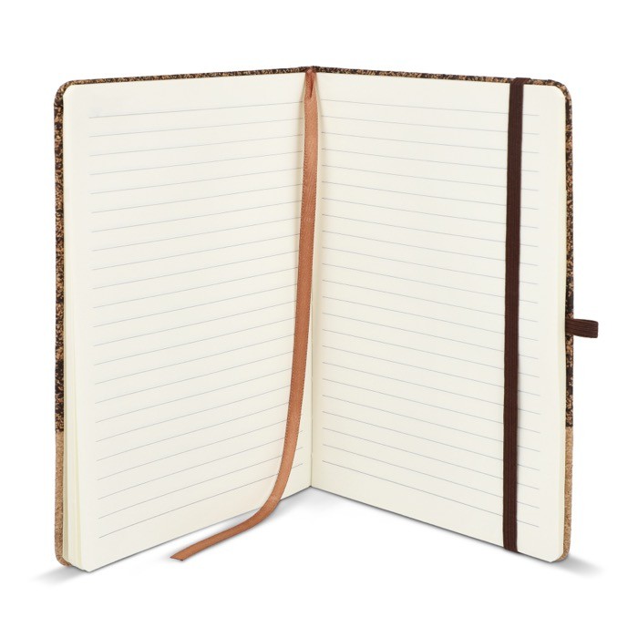 Cuaderno con tapa de corcho y café molido A5 con hojas a rayas color natural cuarta vista