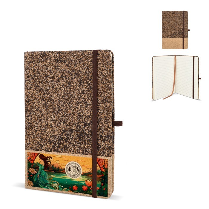 Cuaderno con tapa de corcho y café molido A5 con hojas a rayas