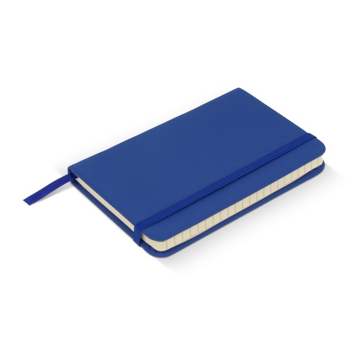 Libreta de RPET y PU de colores vivos con cinta a juego y papel FSC A6 color azul cuarta vista