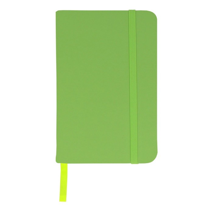 Libreta de RPET y PU de colores vivos con cinta a juego y papel FSC A6 color verde oliva segunda vista