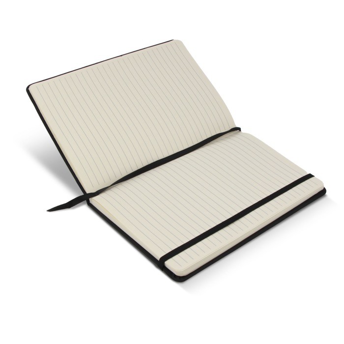 Libreta de RPET y PU de colores vivos con cinta a juego y papel FSC A5 color negro quinta vista Libreta de RPET y PU de colores vivos con cinta a juego y papel FSC A5 color negro quinta vista