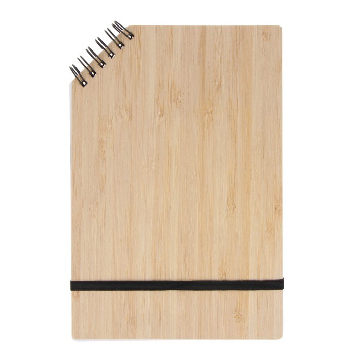 Bloc de notas con tapa de bambú y espiral en una esquina A5 color natural tercera vista Bloc de notas con tapa de bambú y espiral en una esquina A5 color natural tercera vista