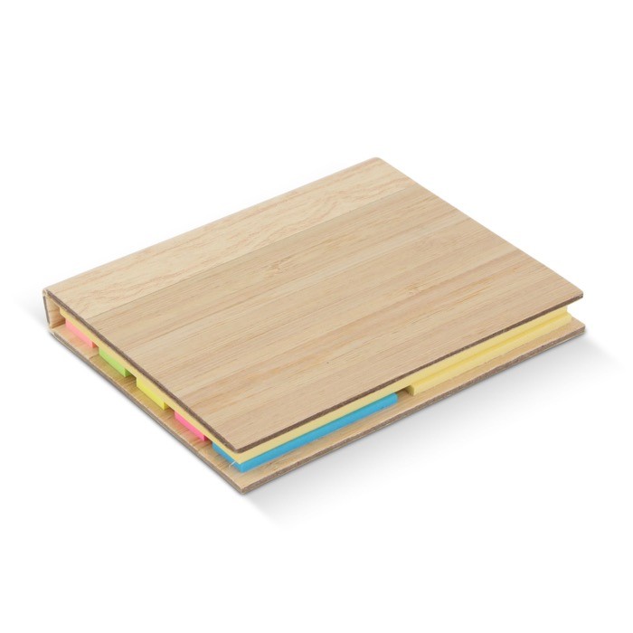 Notas adhesivas grande de distintos tamaños y colores con tapa de bambú color natural