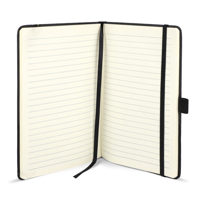 Libreta de cuero sintético de diseño original A5 hojas a rayas color negro cuarta vista