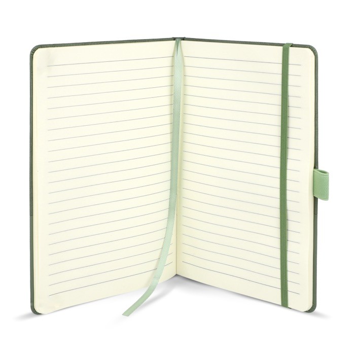 Libreta de cuero sintético de diseño original A5 hojas a rayas color verde oliva cuarta vista