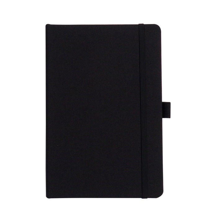 Libreta de RPET de tapa dura y porta bolígrafo con correa elástica A5 color negro segunda vista Libreta de RPET de tapa dura y porta bolígrafo con correa elástica A5 color negro segunda vista