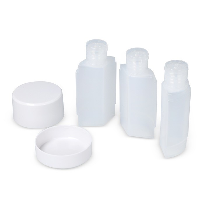 Set de 3 botes de 40ml para artículos de aseo ideal para viajes color blanco cuarta vista Set de 3 botes de 40ml para artículos de aseo ideal para viajes color blanco cuarta vista